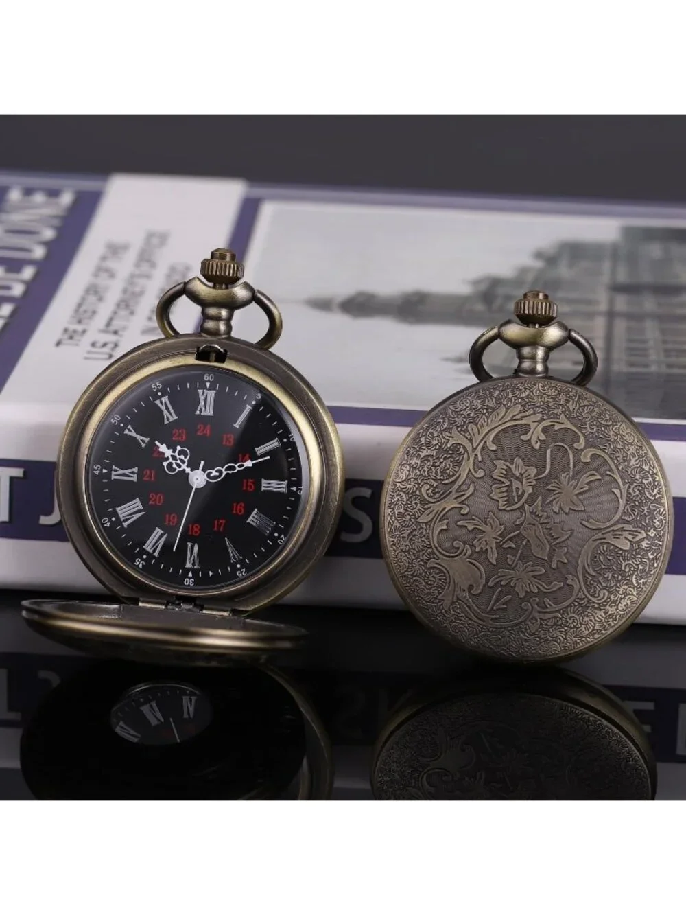 Men Bronze Quartz Engraved Wave Pattern Arabic Numerals Round Chain Pocket Watch